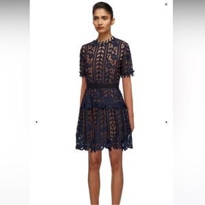 Bronx and Banco Navy lace appliqué dress like Self Portrait